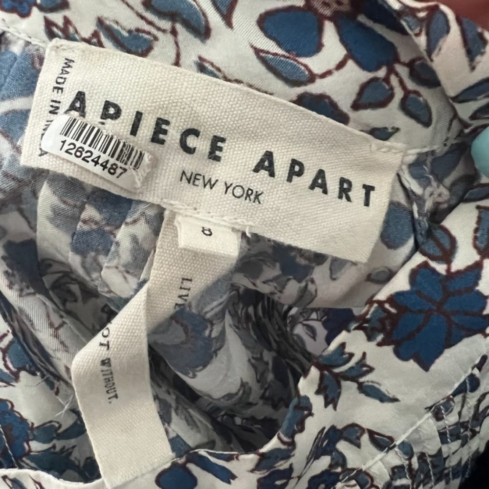 Apiece Apart Sez Pinktuck Silk Floral Print Long Sleeve Blouse White and Blue - Picture 8 of 9